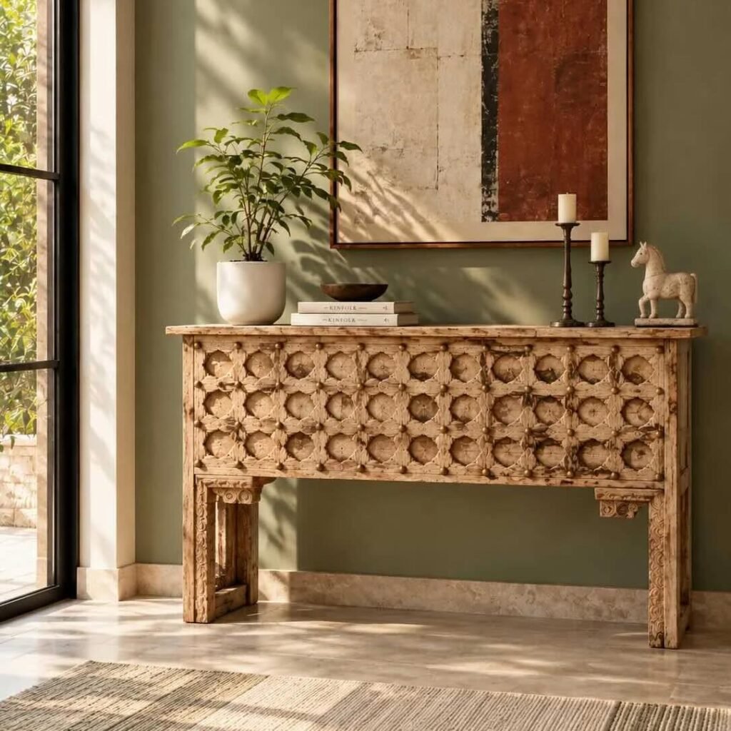 Hand Carved Mango Wood Console Table with Rajasthani lattice carvings, decorative pillar legs and natural sand wood finish.