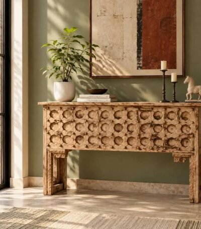 Hand Carved Mango Wood Console Table with Rajasthani lattice carvings, decorative pillar legs and natural sand wood finish.