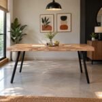 Kavroth 6 seater solid wood dining table with natural wood grain tabletop and black angled metal legs