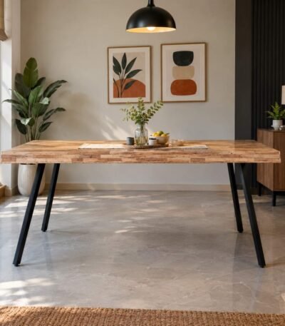 Kavroth 6 seater solid wood dining table with natural wood grain tabletop and black angled metal legs