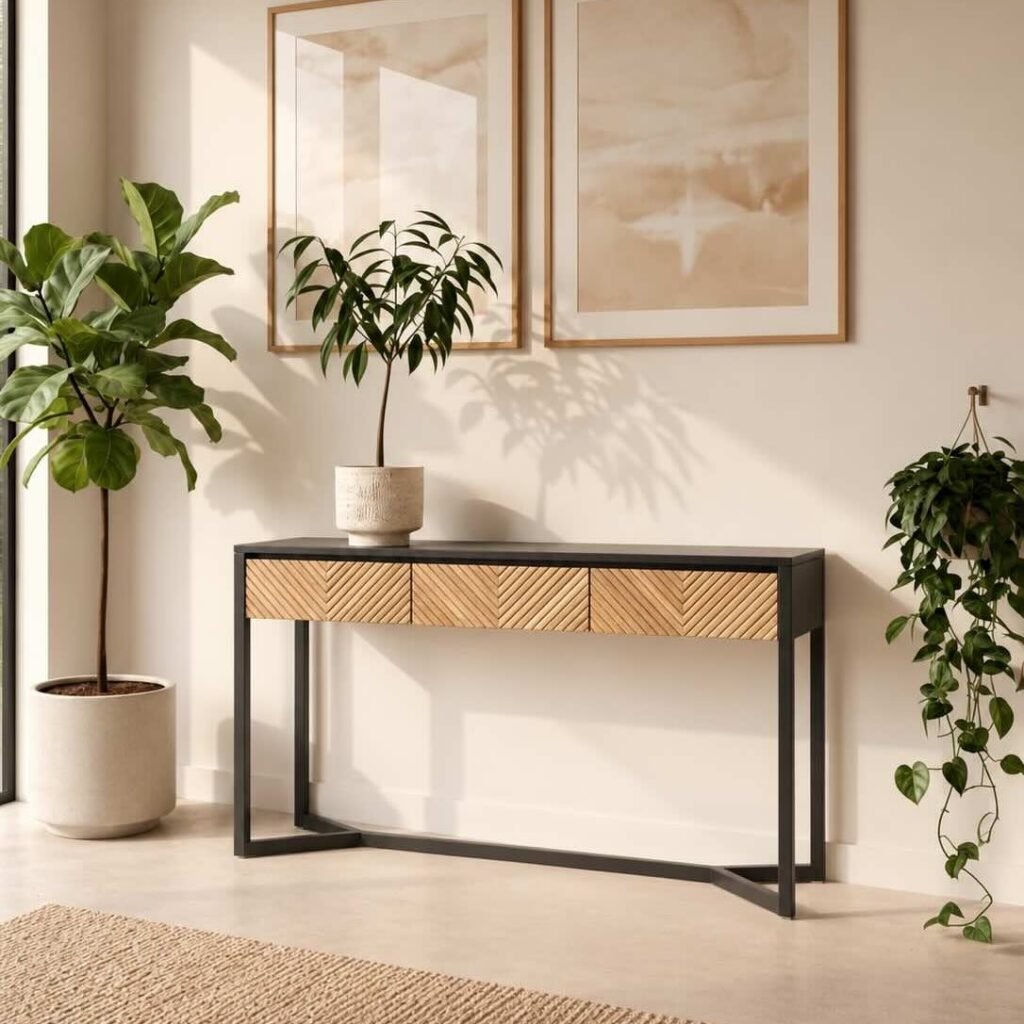 Teak Wood Console Table with chevron-patterned front and sleek black frame in natural teak and black finish.