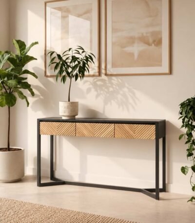 Teak Wood Console Table with chevron-patterned front and sleek black frame in natural teak and black finish.