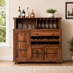 Kestrelune solid Sheesham wood bar cabinet with top glass holder, wine rack, and natural finish.