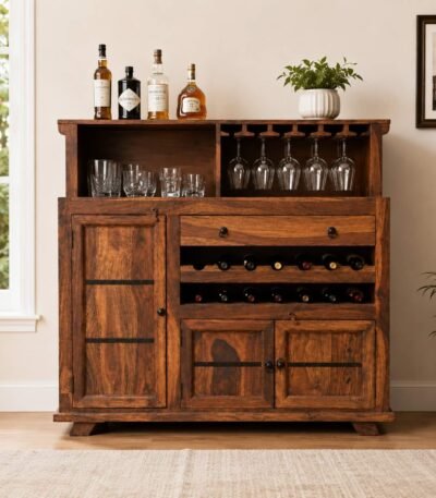 Kestrelune solid Sheesham wood bar cabinet with top glass holder, wine rack, and natural finish.