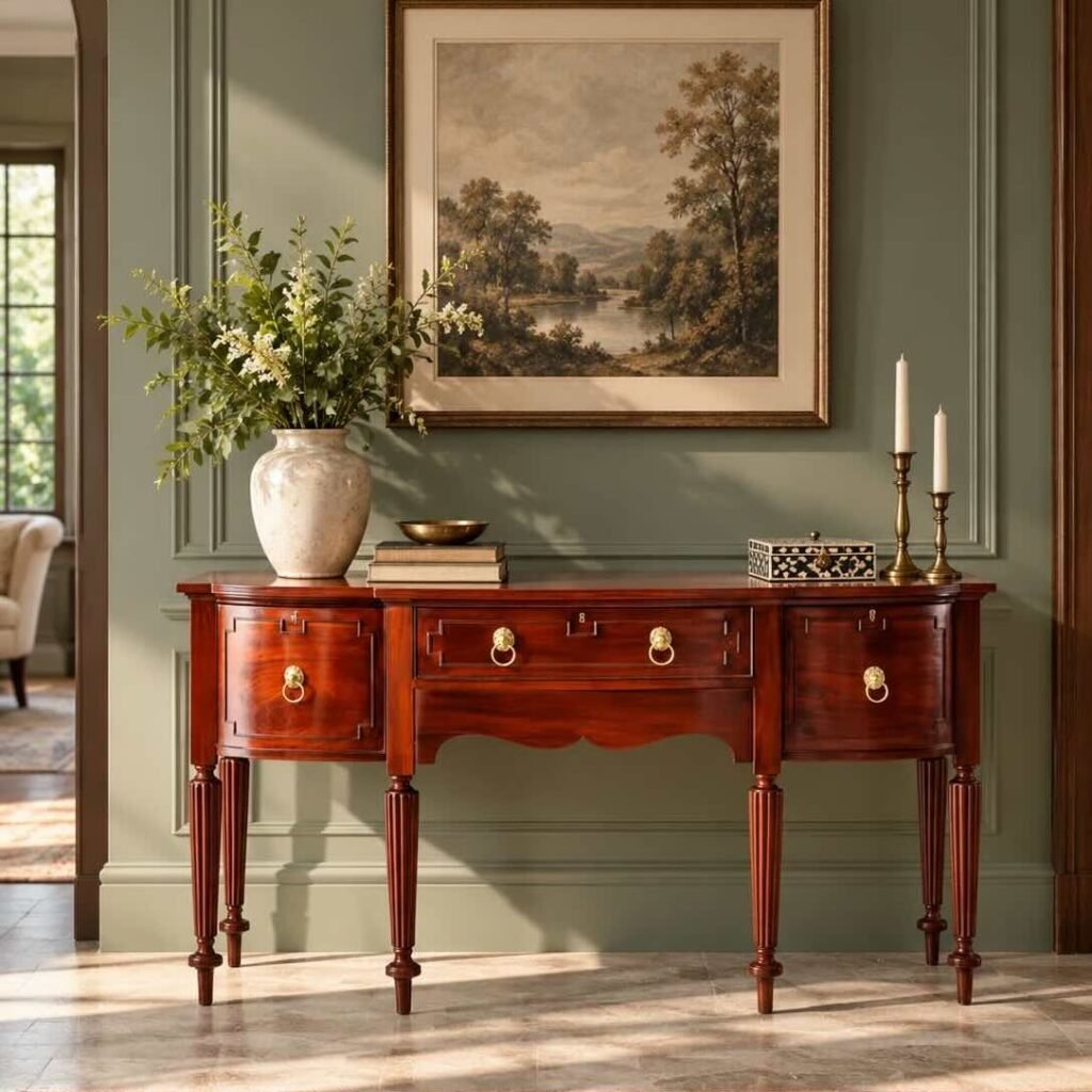 Teakwood Study Table with 4 drawers, classic bow-front design and decorative turned legs in honey finish.