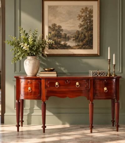 Teakwood Study Table with 4 drawers, classic bow-front design and decorative turned legs in honey finish.