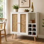 White cane bar cabinet with two woven cane doors, open bottle storage cubbies, and tapered wooden legs.