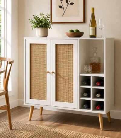 White cane bar cabinet with two woven cane doors, open bottle storage cubbies, and tapered wooden legs.
