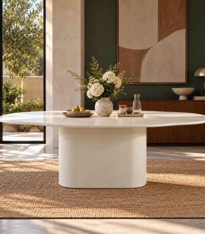 Lunelle white concrete effect wood dining table with oval tabletop, rounded edges and sculptural central pedestal base.
