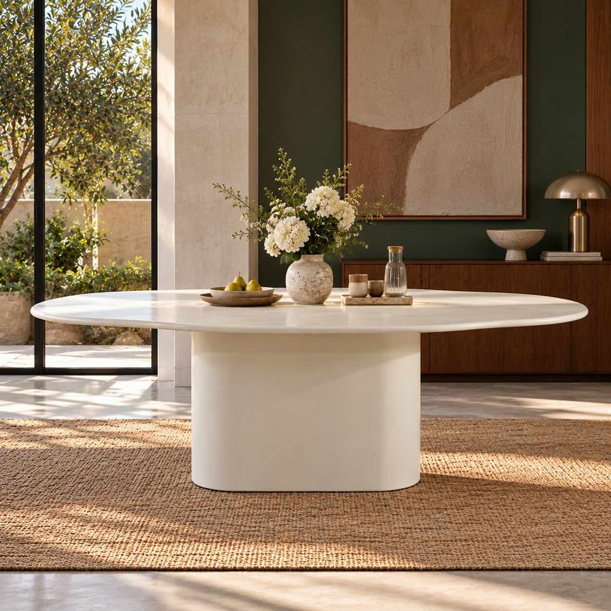 Lunelle White Concrete Effect Wood Dining Table with Oval Top and Sculptural Pedestal Lunelle white concrete effect wood dining table with oval tabletop, rounded edges and sculptural central pedestal base.