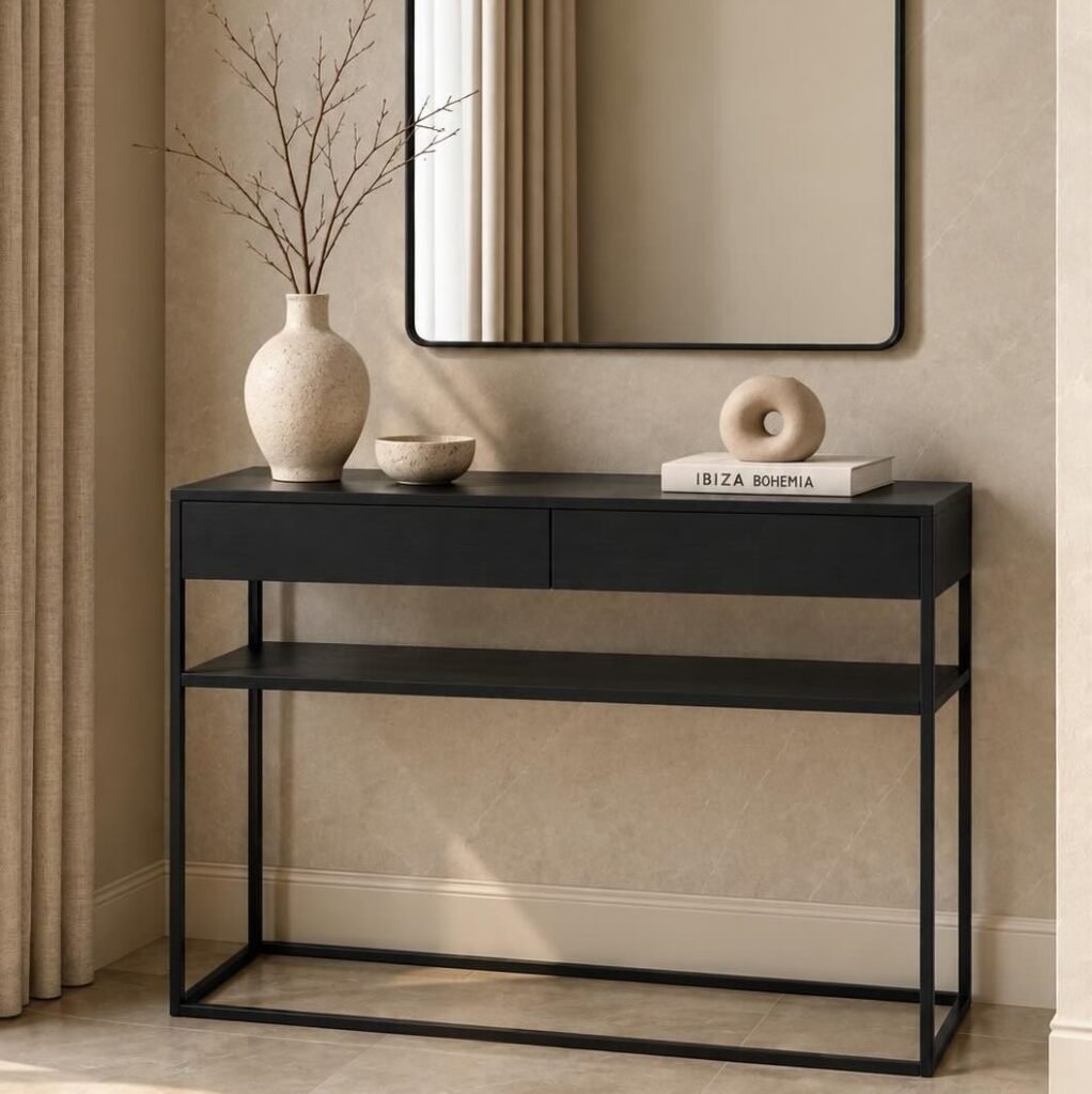 Oak Wood Console Table with sculptural loop base and rounded top in black finish.