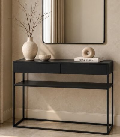 Oak Wood Console Table with sculptural loop base and rounded top in black finish.