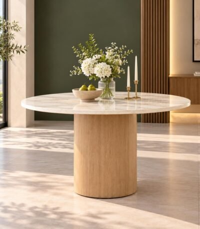 Marblehaven solid wood and white marble round dining table with 48-inch circular tabletop, natural wooden cylindrical pedestal and contemporary design.