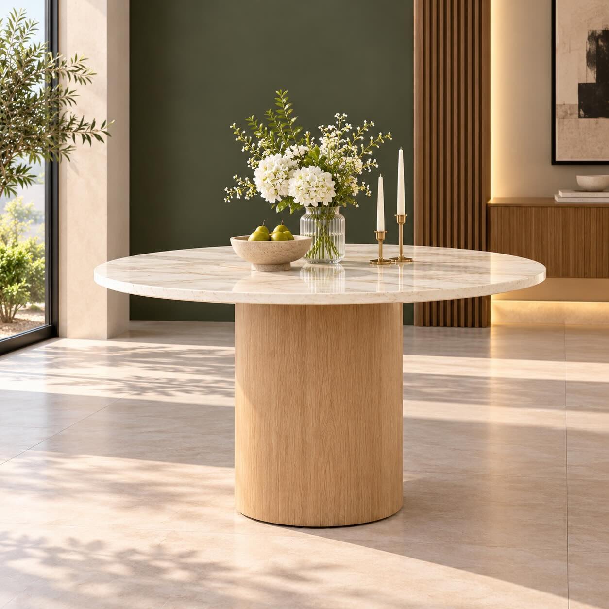 Marblehaven Solid Wood and White Marble Round Dining Table in Natural Finish Marblehaven solid wood and white marble round dining table with 48-inch circular tabletop, natural wooden cylindrical pedestal and contemporary design.