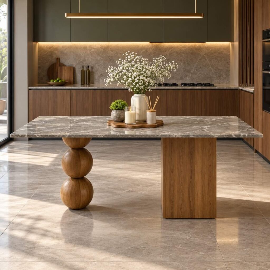 Solid Wood Marble Top Dining Table for six people with rectangular marble surface, stacked wooden ball pedestal and natural brown finish.