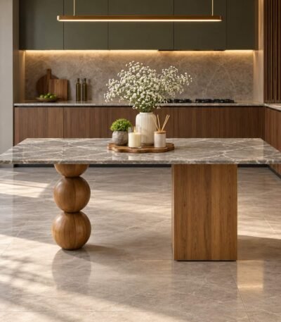 Solid Wood Marble Top Dining Table for six people with rectangular marble surface, stacked wooden ball pedestal and natural brown finish.