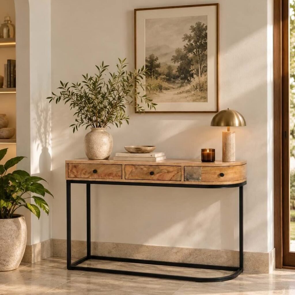 Mango Wood Console Table with 3 drawers and black iron frame in natural finish.
