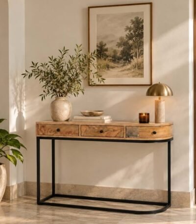 Mango Wood Console Table with 3 drawers and black iron frame in natural finish.