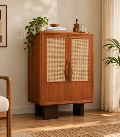 Mavrenza sheesham wood bar cabinet with woven cane doors, sculpted wooden handles and glass holder in natural finish