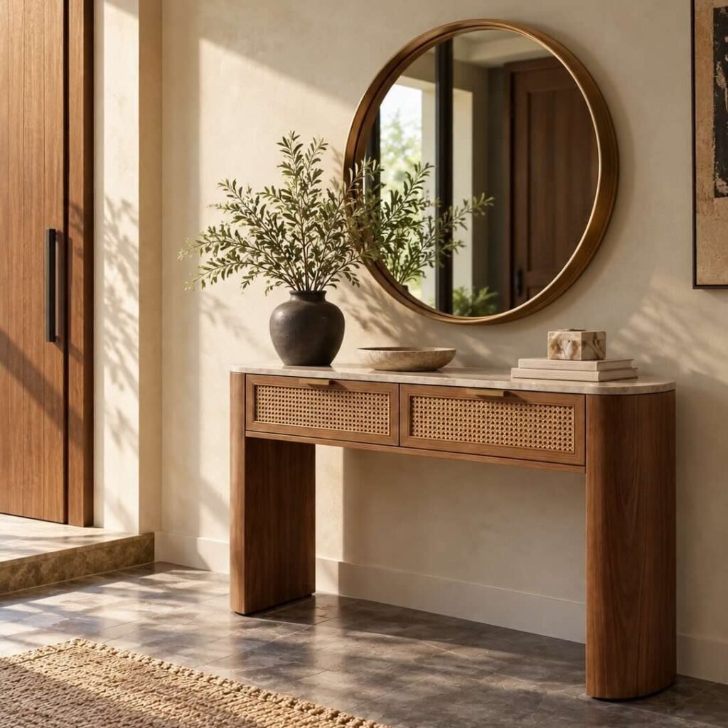 Oak Wood Console Table with Emperador marble top and rattan drawers in brown finish.