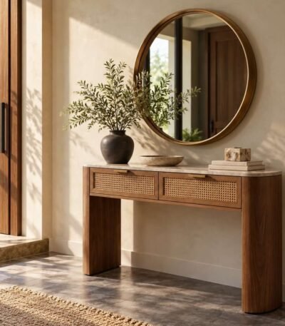 Oak Wood Console Table with Emperador marble top and rattan drawers in brown finish.
