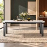 Monarch Edge Marble Top Dining Table with 72-inch white marble-look rectangular tabletop, black wooden legs and modern 6 seater design.