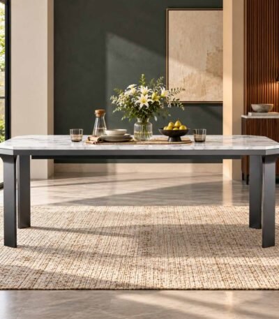 Monarch Edge Marble Top Dining Table with 72-inch white marble-look rectangular tabletop, black wooden legs and modern 6 seater design.
