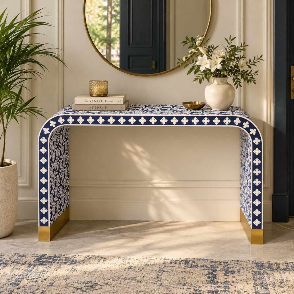 Bone Inlay Console Table with navy blue and ivory floral patterns, curved waterfall legs and gold-toned base accents.