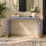 Bone Inlay Console Table with navy blue and ivory floral patterns, curved waterfall legs and gold-toned base accents.