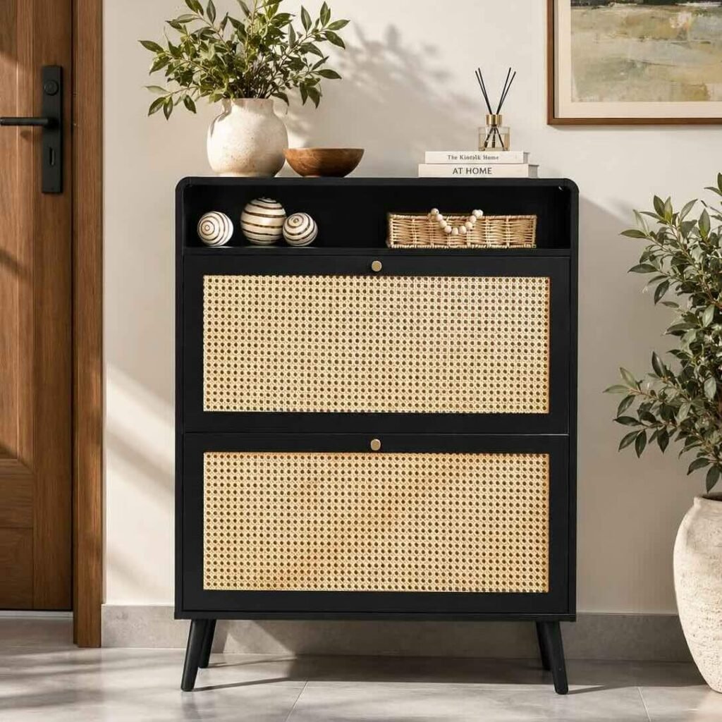 Rattan Shoe Cabinet with two woven storage fronts, open display shelf and matte black wooden frame.