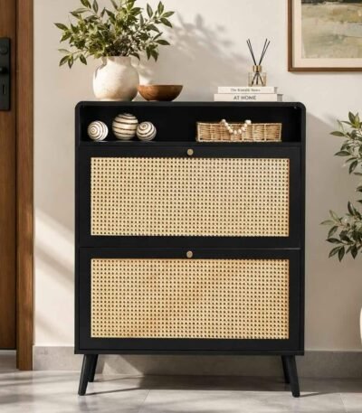 Rattan Shoe Cabinet with two woven storage fronts, open display shelf and matte black wooden frame.