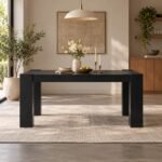 Noirframe black solid wood 6 seater dining table with 72-inch rectangular tabletop, bold geometric block legs and matte black finish.