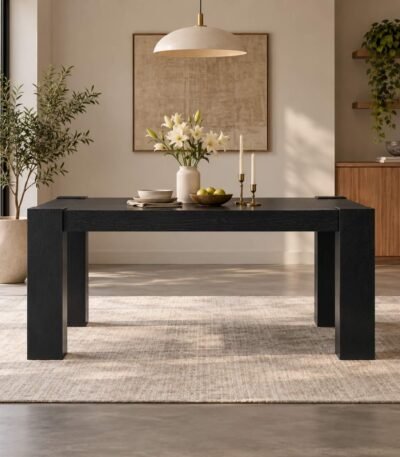 Noirframe black solid wood 6 seater dining table with 72-inch rectangular tabletop, bold geometric block legs and matte black finish.