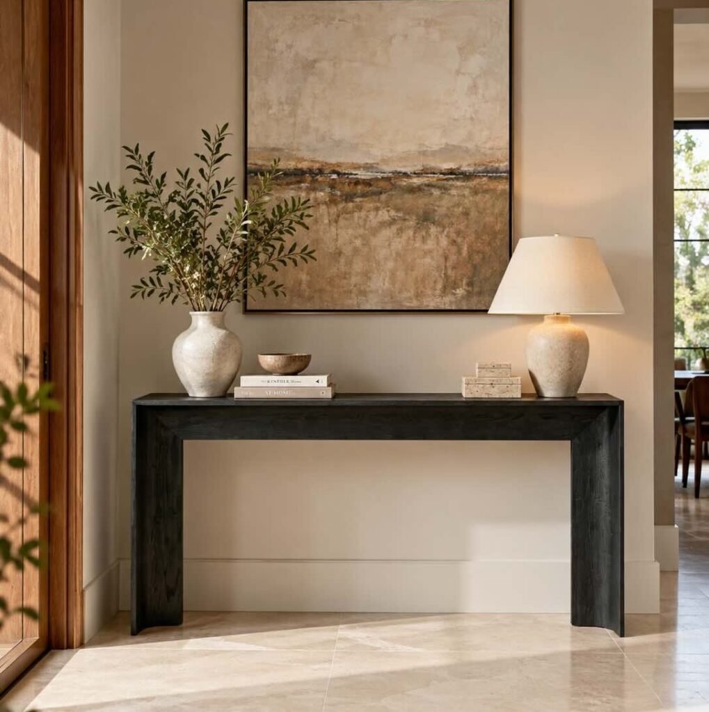 Oak Wood Console Table with minimalist waterfall frame in black finish.