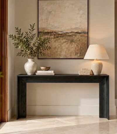 Oak Wood Console Table with minimalist waterfall frame in black finish.