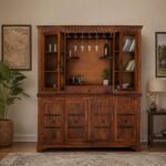 Caldriven acacia wood bar cabinet in natural finish with glass display doors, hanging glass holders, and carved wooden detailing.