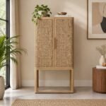 Oakenmere oak wood bar cabinet with woven cane door panels and natural oak finish