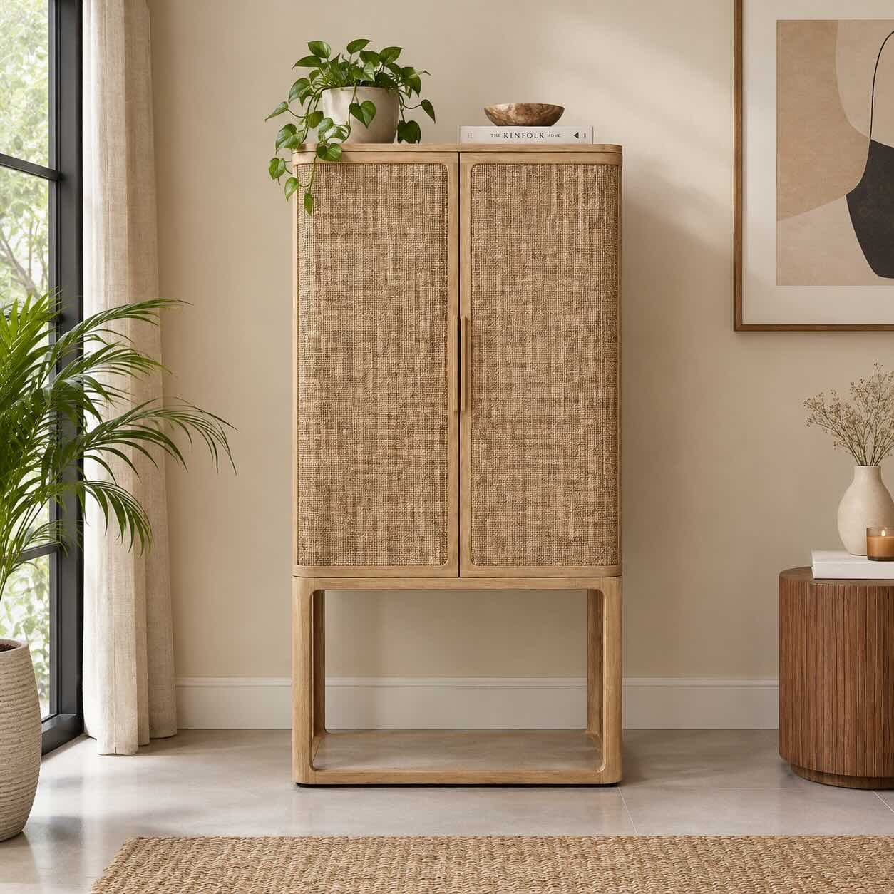 Oakenmere Natural Oak Wood Bar Cabinet with Cane Panels Oakenmere oak wood bar cabinet with woven cane door panels and natural oak finish
