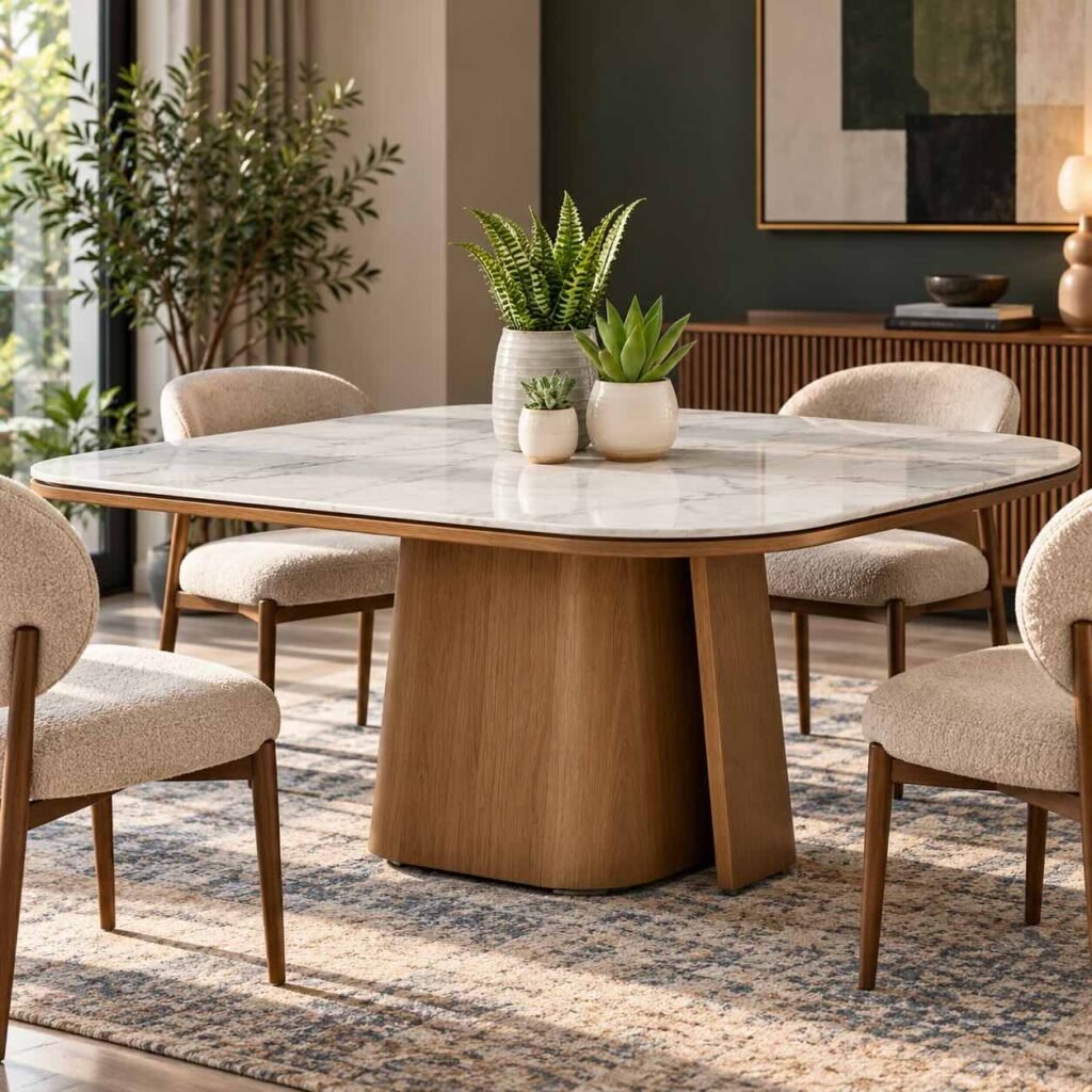 Solid Wood Marble Dining Table with white marble top, natural grey veining and sculptural walnut brown pedestal base