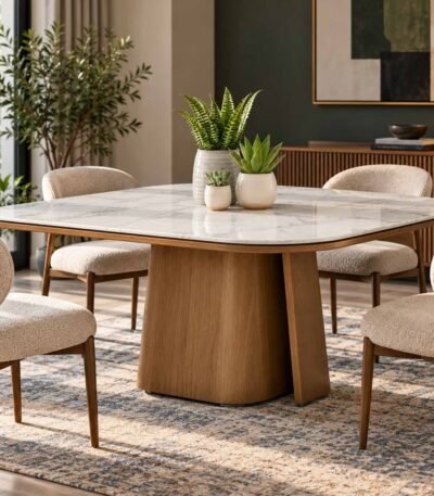 Solid Wood Marble Dining Table with white marble top, natural grey veining and sculptural walnut brown pedestal base