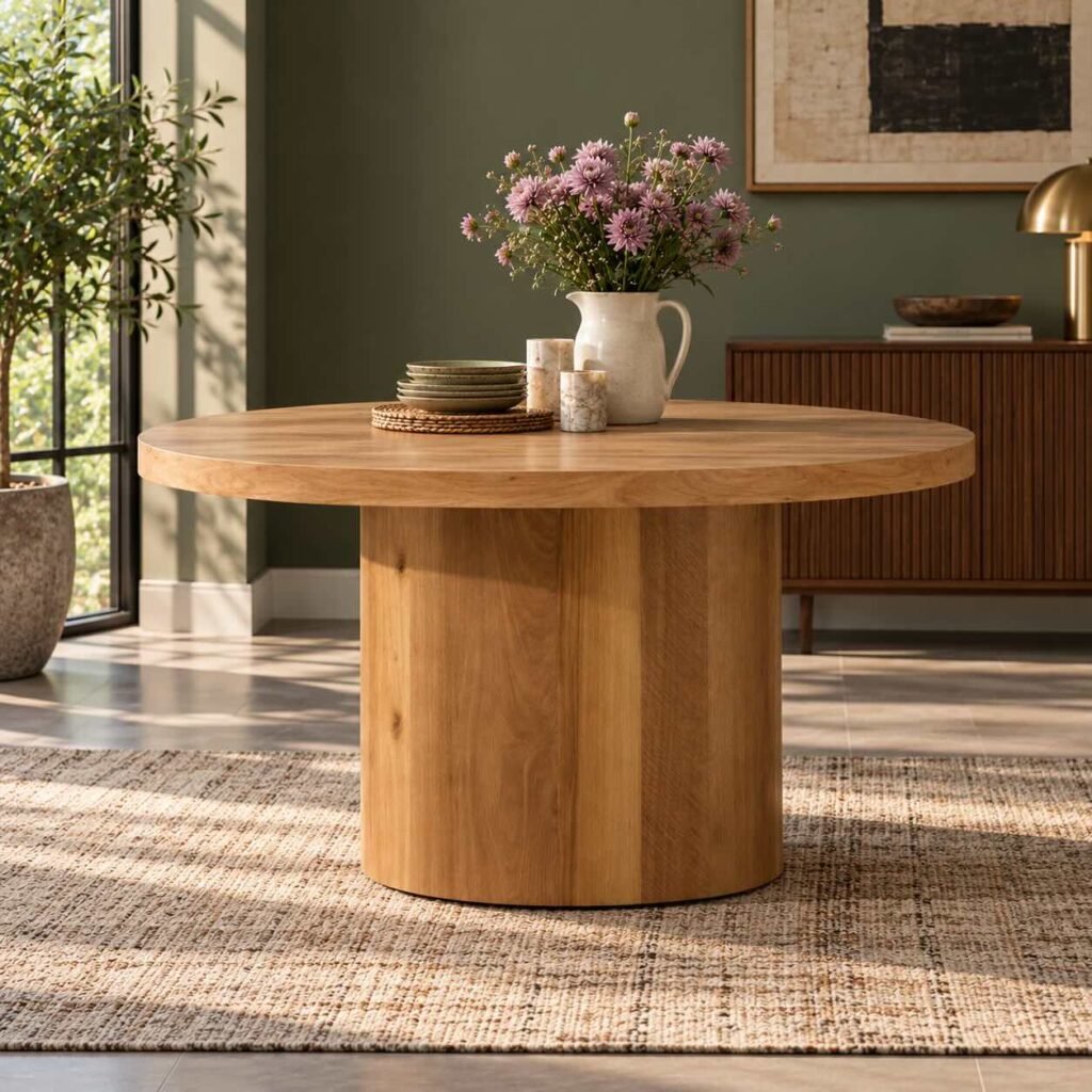 Oakmere solid wood round pedestal dining table with 60-inch circular tabletop, cylindrical wooden base and natural finish.