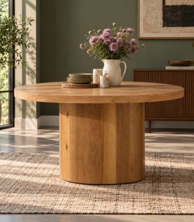 Oakmere solid wood round pedestal dining table with 60-inch circular tabletop, cylindrical wooden base and natural finish.