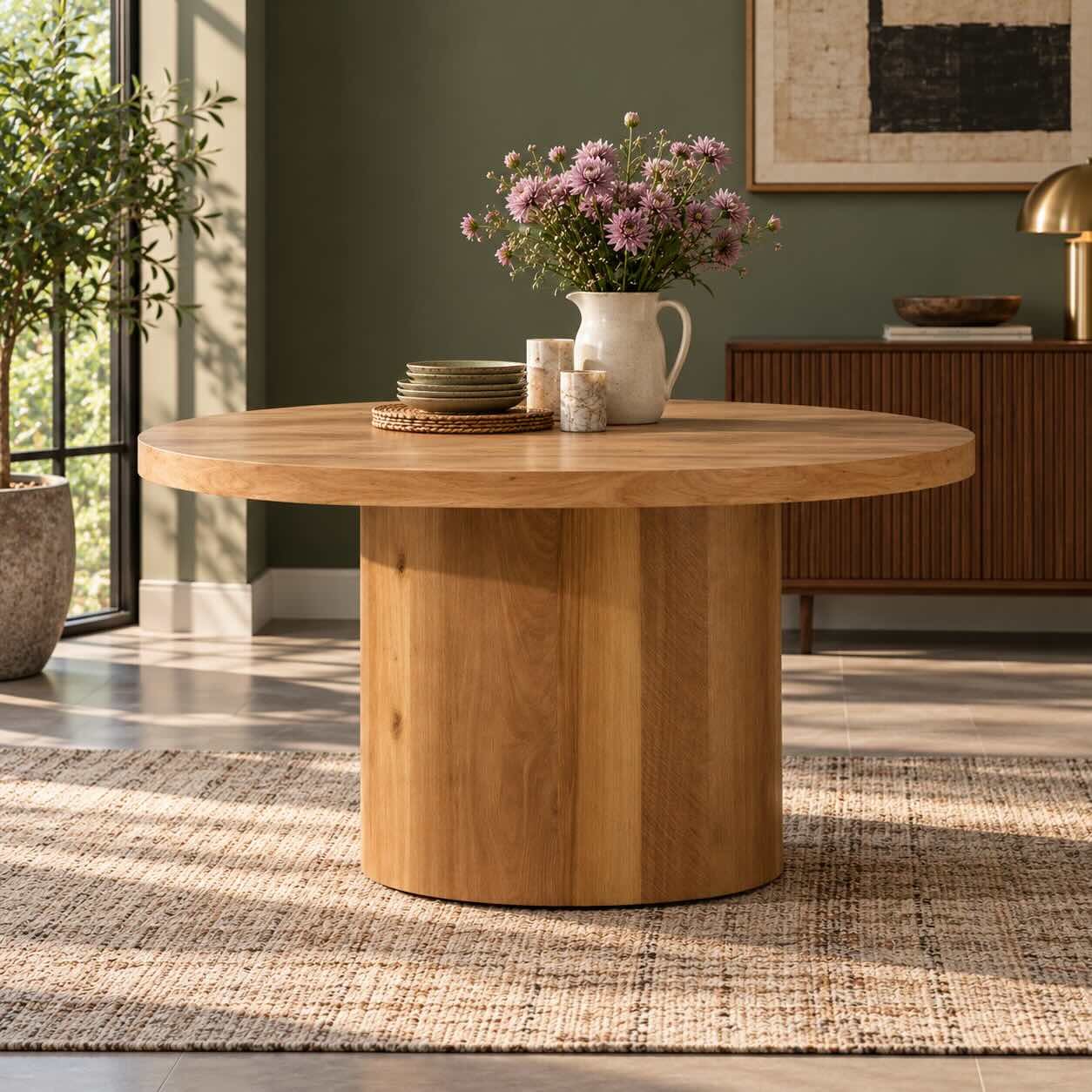 Oakmere Solid Wood Round Pedestal Dining Table in Natural Finish Oakmere solid wood round pedestal dining table with 60-inch circular tabletop, cylindrical wooden base and natural finish.