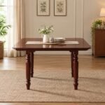 Oakspire Vale Teak Wood Dining Table with polished natural finish, rectangular tabletop and turned wooden legs.