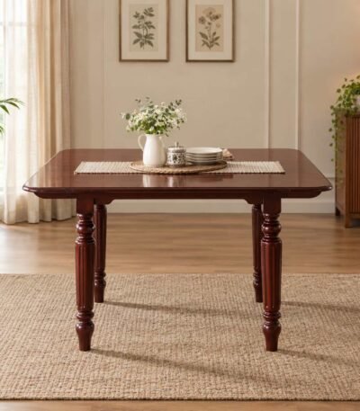 Oakspire Vale Teak Wood Dining Table with polished natural finish, rectangular tabletop and turned wooden legs.