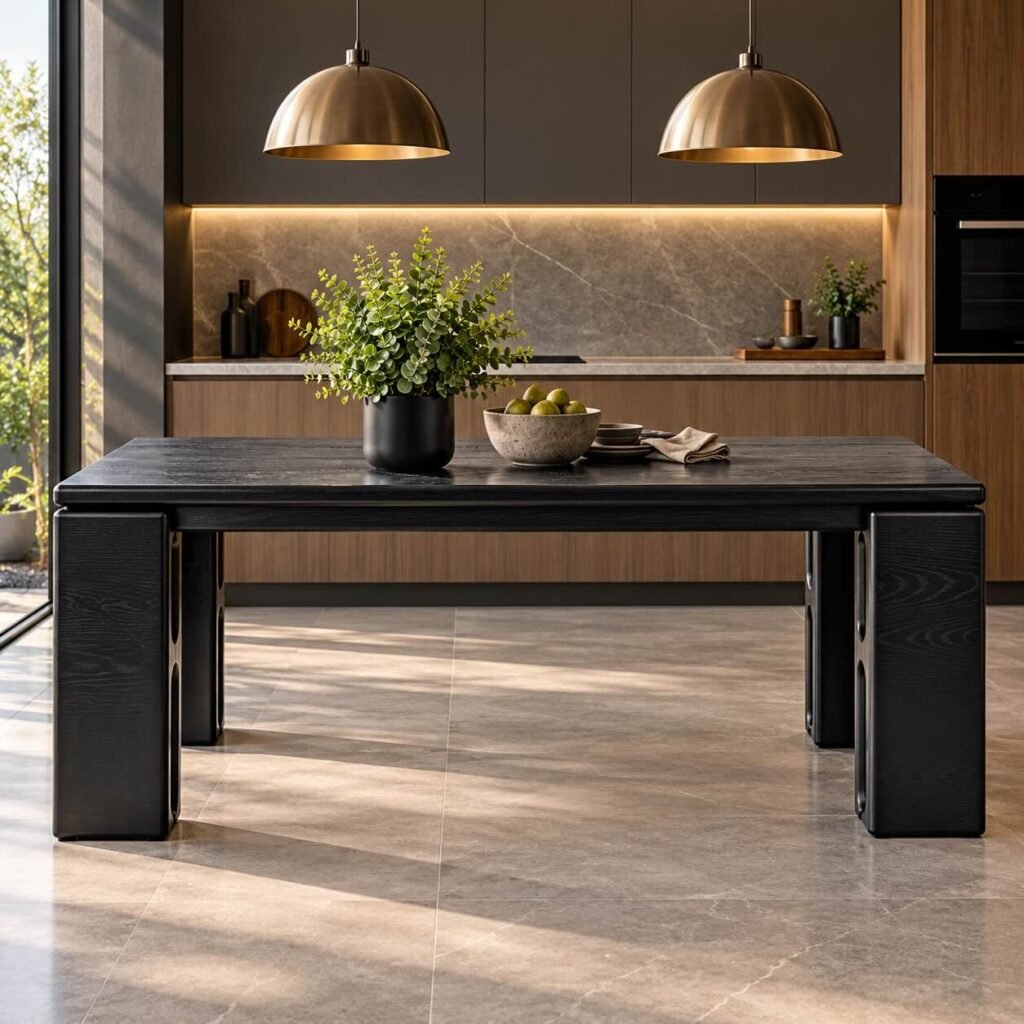 Solid Wood 6 Seater Dining Table in black finish with rectangular tabletop, rounded edges and chunky block-style legs