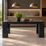 Solid Wood 6 Seater Dining Table in black finish with rectangular tabletop, rounded edges and chunky block-style legs