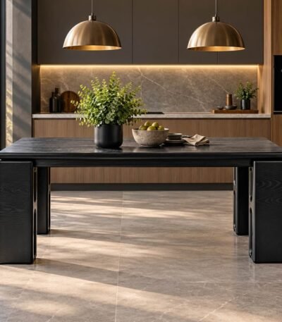 Solid Wood 6 Seater Dining Table in black finish with rectangular tabletop, rounded edges and chunky block-style legs