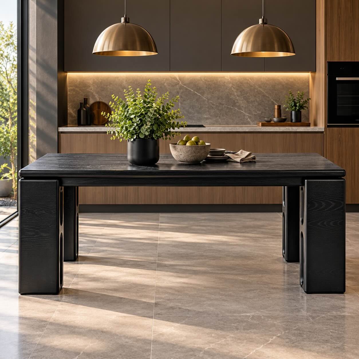 Obsidian Vale Solid Wood 6 Seater Dining Table with Chunky Block Legs in Black Finish Solid Wood 6 Seater Dining Table in black finish with rectangular tabletop, rounded edges and chunky block-style legs