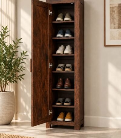 Sheesham Wood Shoe Cabinet with 1 door and 8 shelves in walnut finish.